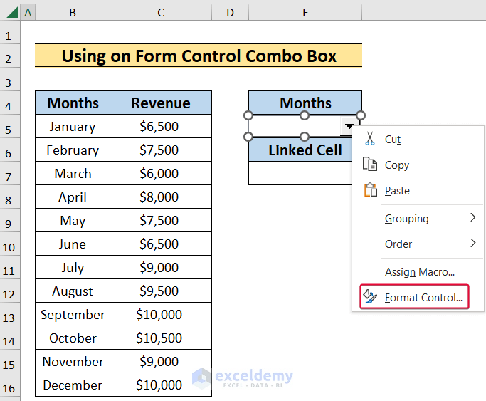 selecting format control to reset combobox to default value using vba in excel