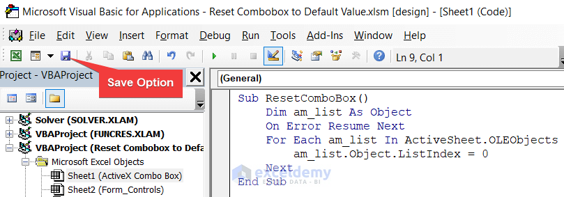 writing code to reset combobox to default value using vba in excel