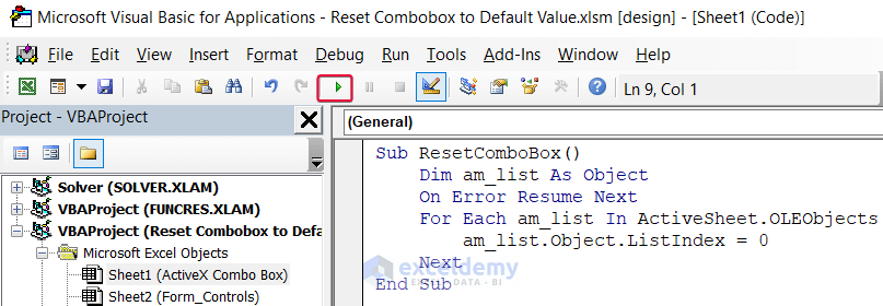 running code to reset combobox to default value using vba in excel