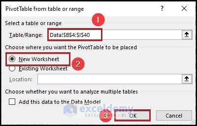 inserting pivot table in Excel