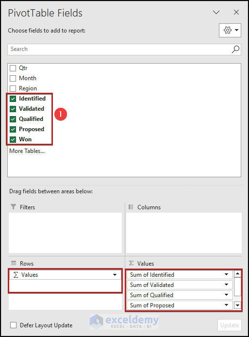 Working on pivot table task pane to create sales pipeline in excel