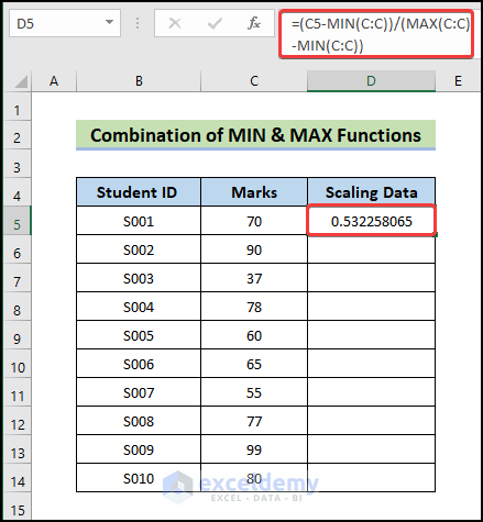 use MIN and Max functions to Do Data Scaling in Excel