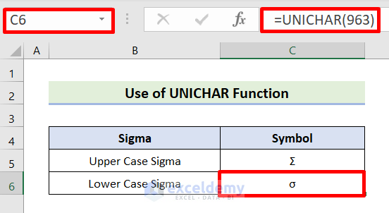 Output of Employing UNICHAR Function to Insert Sigma Symbol