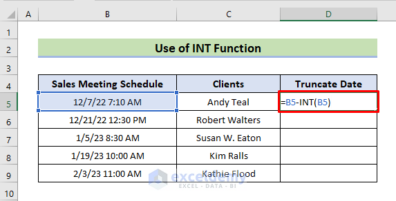 Truncate Date Using INT Function in Excel
