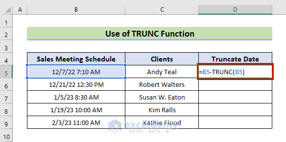 Insert Excel TRUNC Function for Removing Date