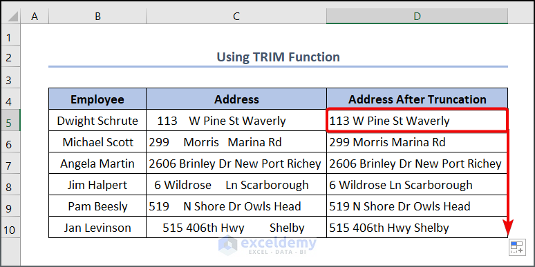 Using TRIM Function truncate spaces in excel