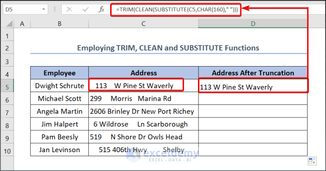 Employing TRIM, CLEAN and SUBSTITUTE Functions truncate spaces in excel