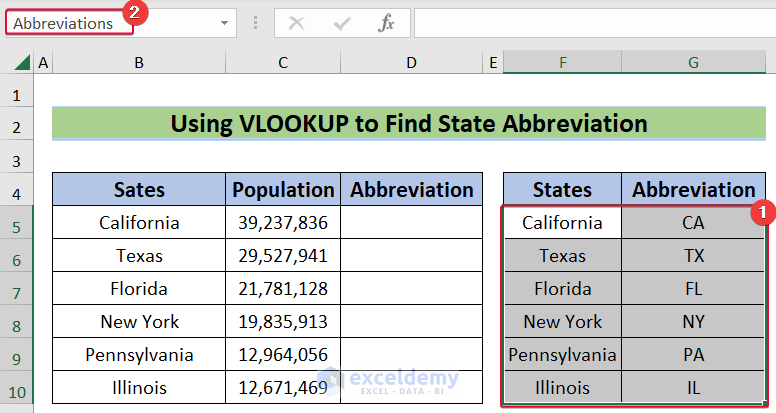 assigning named range to get the state abbreviations using vlookup