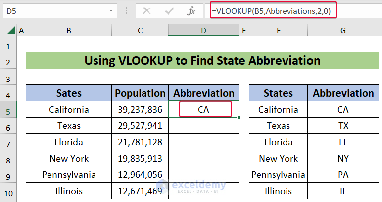 typing vlookup formula to get the state abbreviations using vlookup