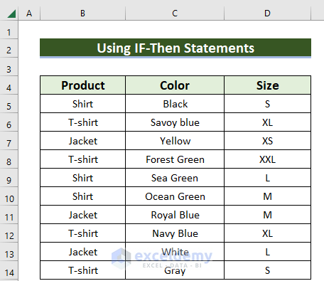 Dataset to Make IF Then Statements in Excel with Text