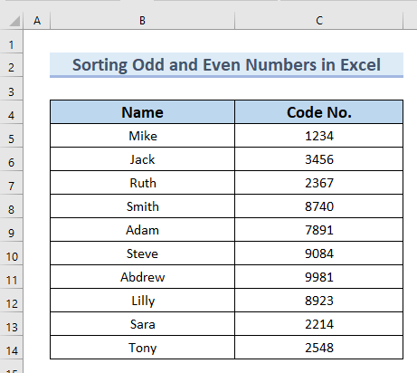 Dataset to Sort Odd and Even Numbers in Excel