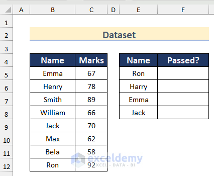 Dataset to use ISNUMBER and MATCH functions in Excel