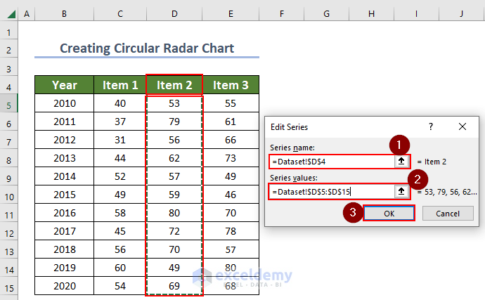 selecting values for radar chart in excel