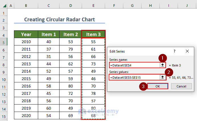 selecting values to create radar chart in excel