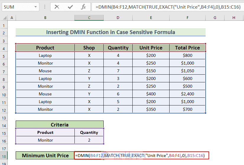 Using MATCH and EXACT Functions for DMIN Function in Excel