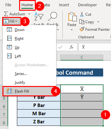 Using Flash Fill to Write X Bar in Excel