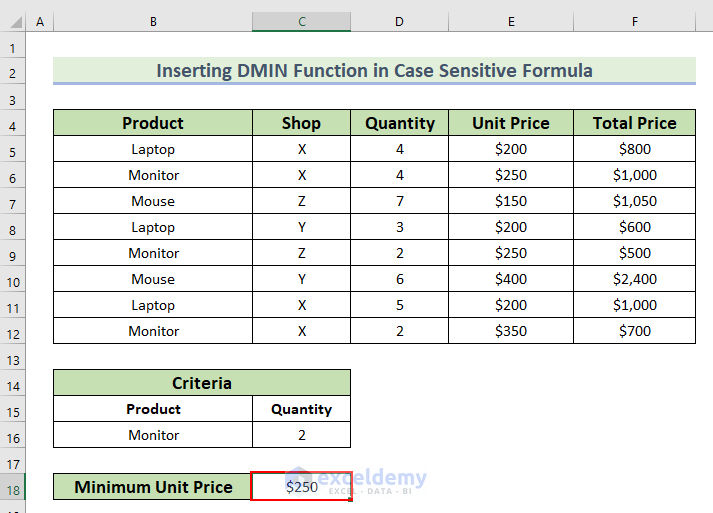 Inserting DMIN Function in case sensitive formula in Excel