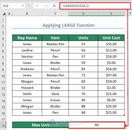 output after applying the LARGE function to find the largest value in excel