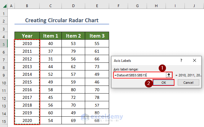 editing axis label range to create radar chart in excel