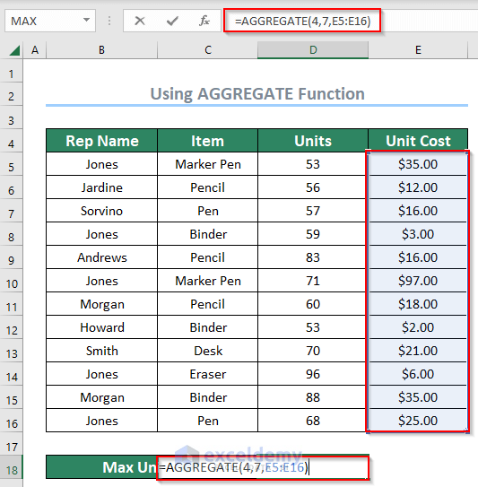 inserting formula to use the AGGREGATE function for finding largest value