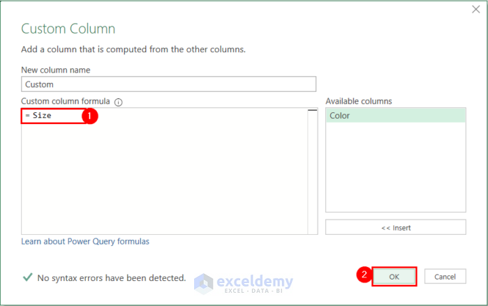 Custom Column Dialog Box for Creating Cross Join in Excel