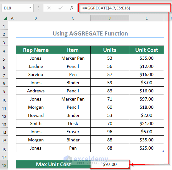 output after applying the AGGREGATE function to find the largest value in excel
