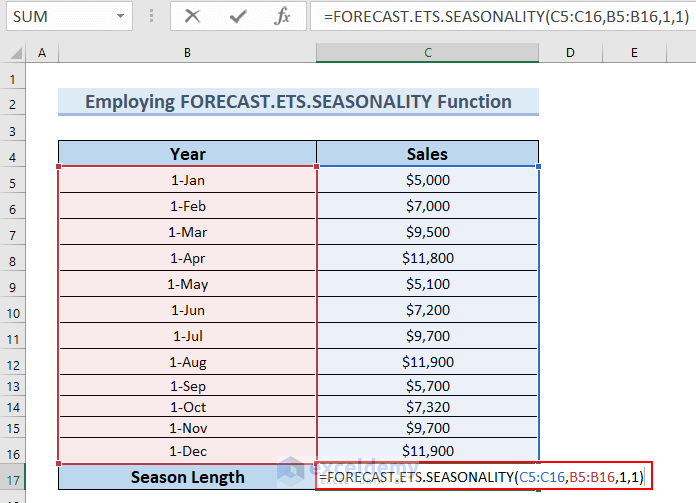  Inserting FORECAST.ETS.SEASONALITY Function for Multiple Variables