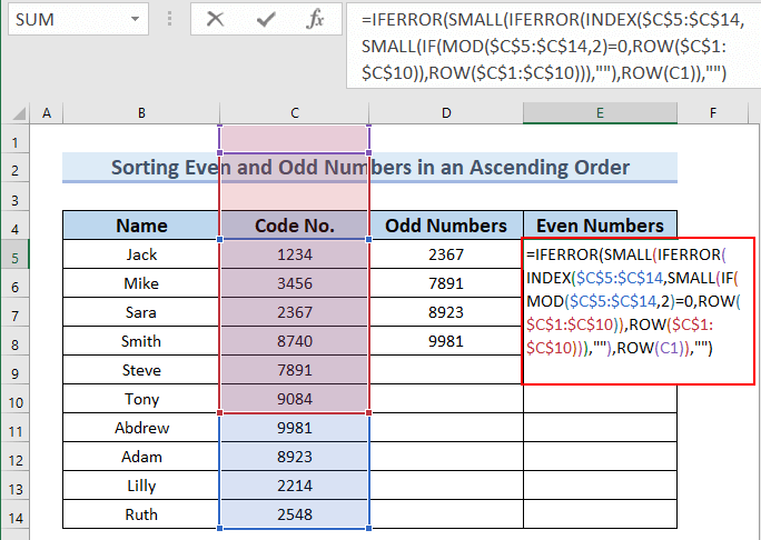 Merging Functions to Sort Odd and Even Numbers in Excel