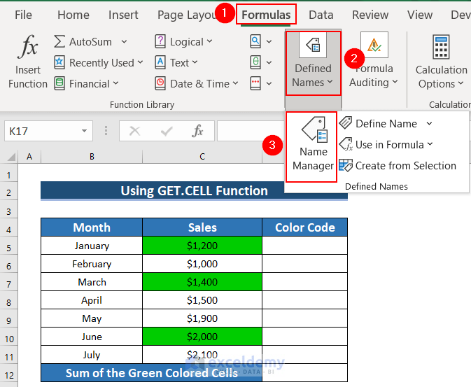 Selecting Name Manager for Excel if cell color is green then sum