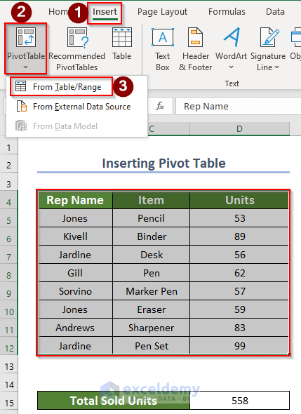 going to insert tab to select pivot table option