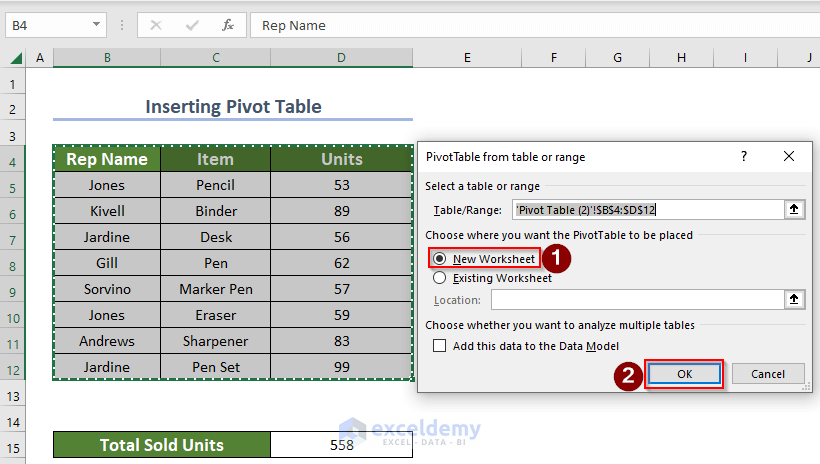 selecting new worksheet from PivotTable from table or range window