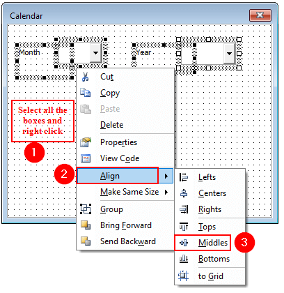 Aligning ComboBoxes and Lebels in Center to Create Excel VBA Calendar