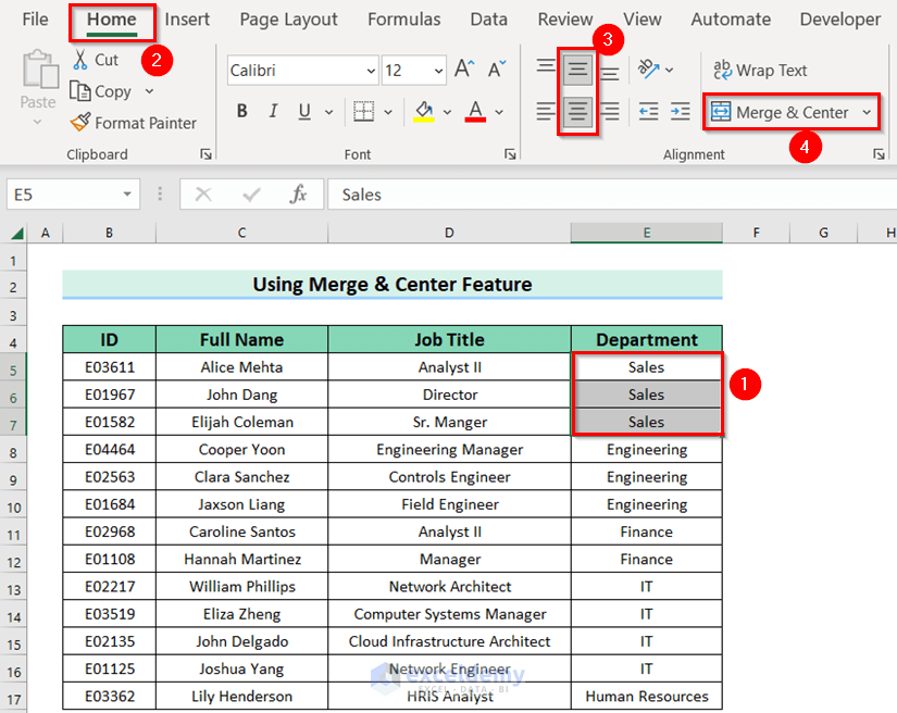 Using Merge & Center Feature in Selected Cells
