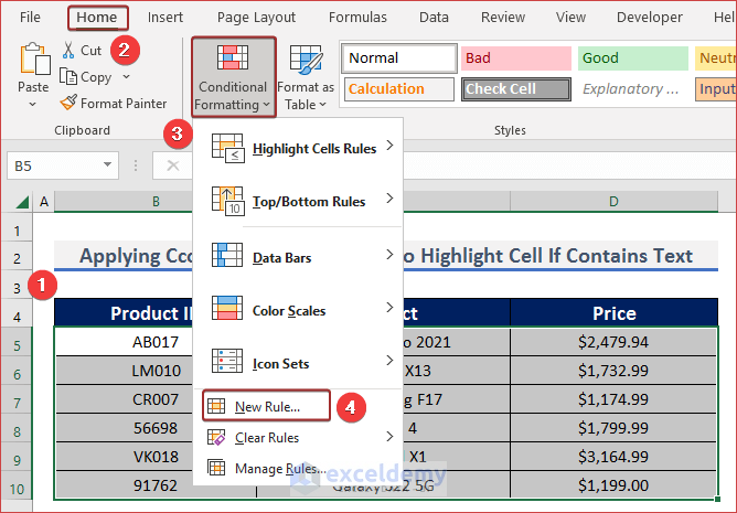Assign a Formula for Conditional Formatting to Highlight Cell If Contains Text 