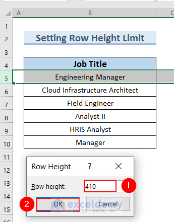 Setting Row height in the Row Height dialog box