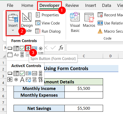 Use Spin Button from Form Controls to Display Negative Values in Excel