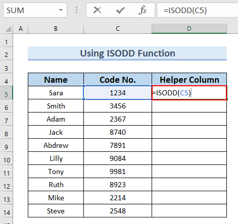 Uing ISODD Function to Sort Odd and Even Numbers in Excel