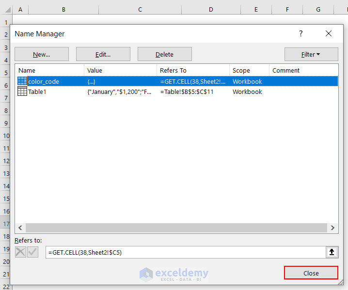 Selecting Close in the Name Manager dialog box