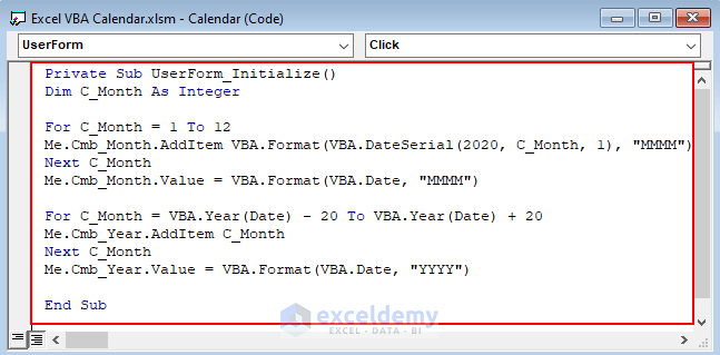 Inserting Codes to Create Excel VBA Calendar