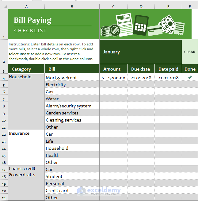 Built-in Procedures to Create Bill Payment Checklist in Excel