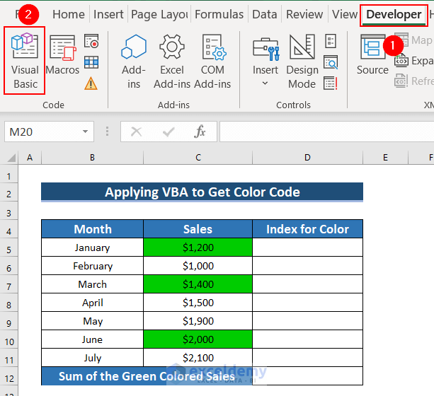 Using Developer tab for Excel if cell color is green then sum