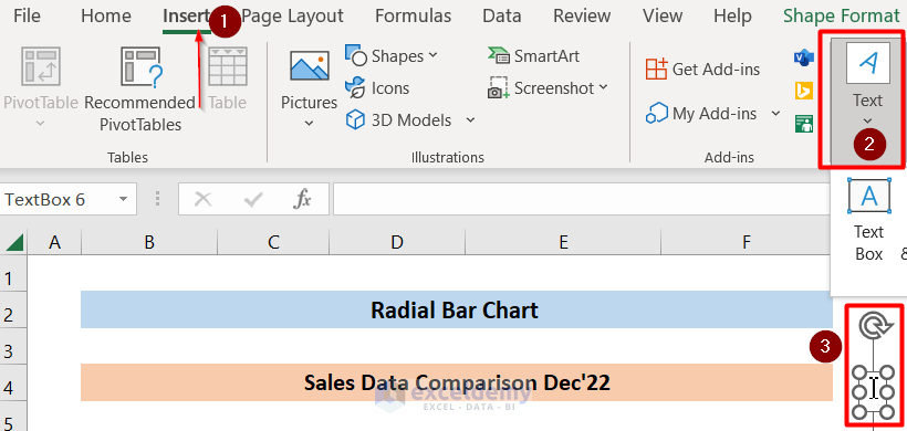 Excel Radial Bar Chart Textbox option 