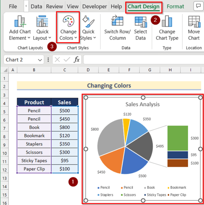 Change Colors of Bar of Pie Chart in Excel