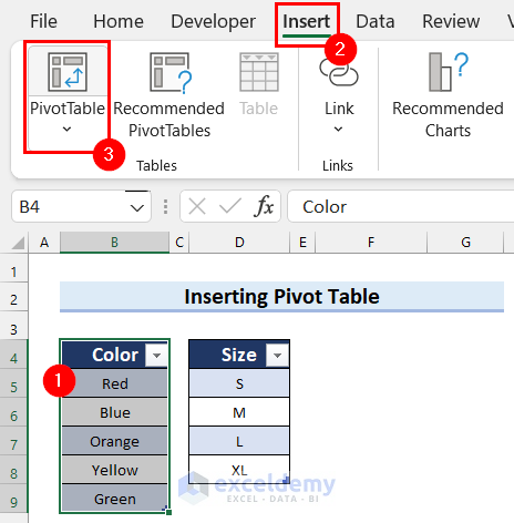 Inserting Pivot Table in Excel