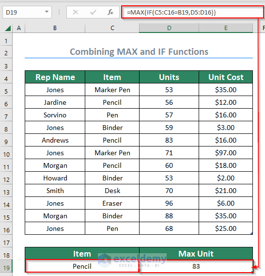 output of MAX and IF functions with one criterion to find the largest value in excel