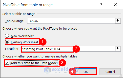 Using PivotTable from table or range Dialog Box in Excel
