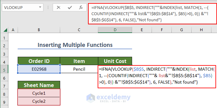 inserting VLOOKUP formula for Unit Cost column with named ranges across multiple sheets