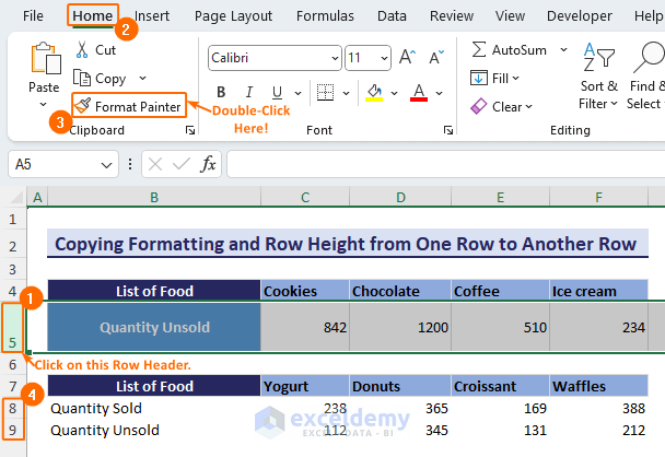 Clicking on the Row Header to Copy Row Height