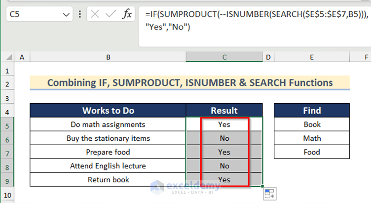 Values Found After Checking Cells Using IF, SUMPRODUCT, ISNUMBER & SEARCH Functions