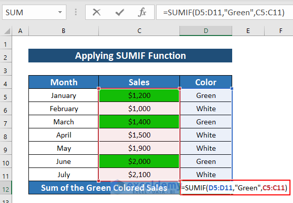  Using SUMIF Function for Excel if cell color is green then sum